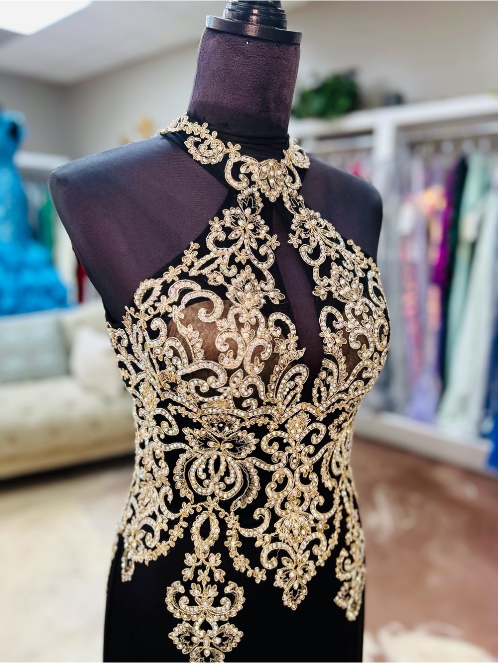 Jovani Black Prom Gown with Gold Appliqué Halter - Picture 2 of 6